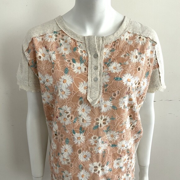 Miss Me Top M Oatmeal Embroidered Short Sleeve - Picture 4 of 12